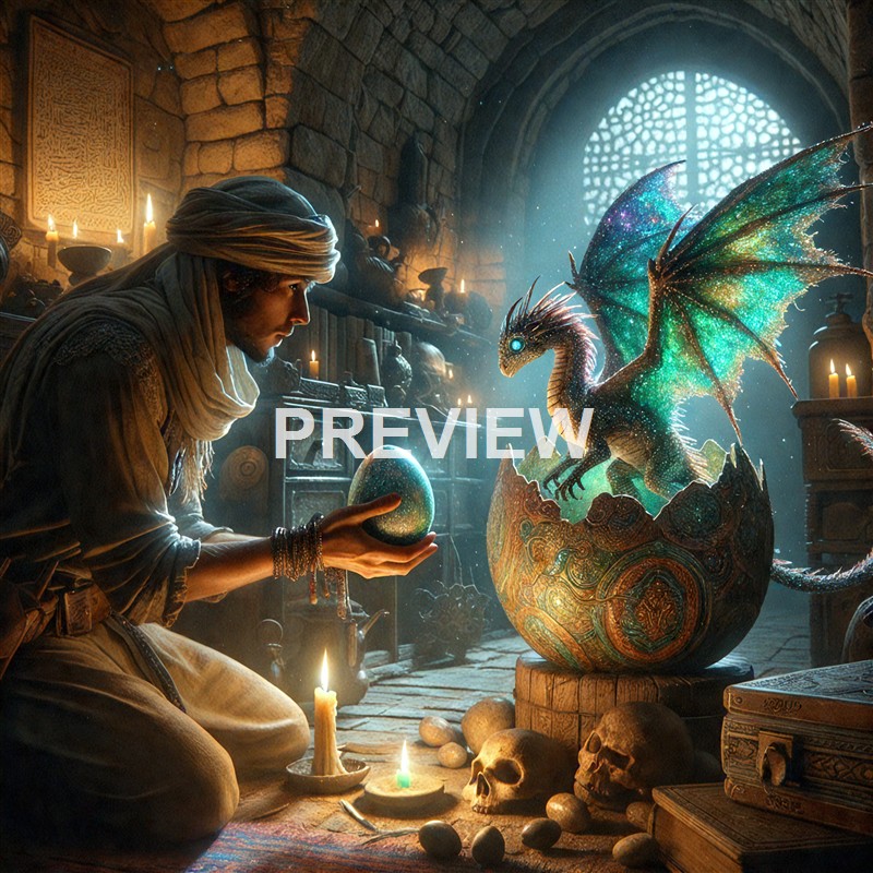 A person dressed in traditional robes is kneeling inside a dimly lit stone chamber, holding a glowing egg while a vibrant, glowing dragon emerges from a decorated egg-shaped shell on a pedestal, surrounded by skulls, candles, and ancient artifacts.
